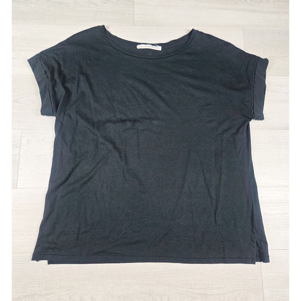 Peruvian Connection L Black Pima Cotton Cuffed Short Sleeve Boxy Tee Top